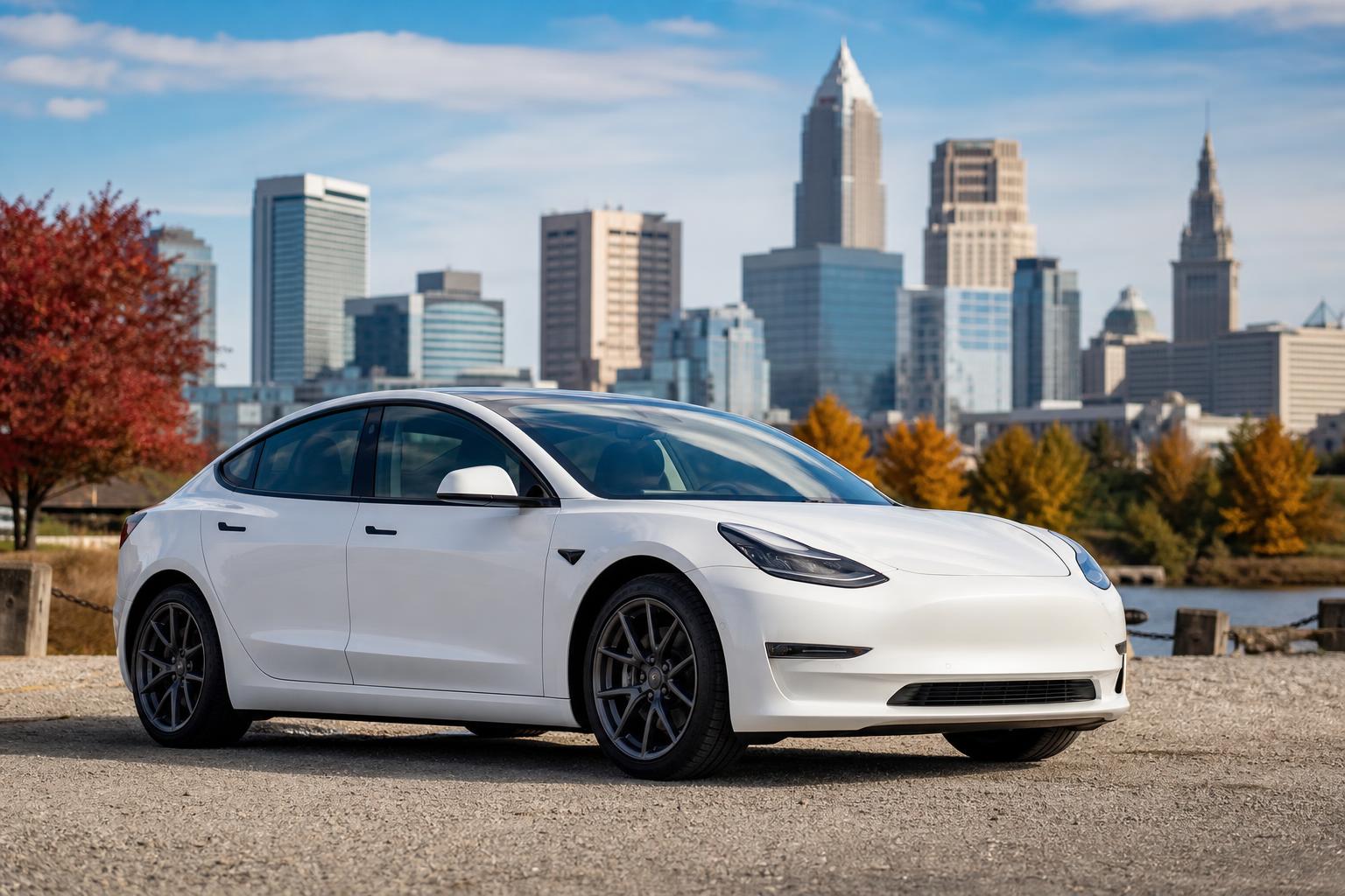 Clean white Tesla with the Cleveland skyline in the background